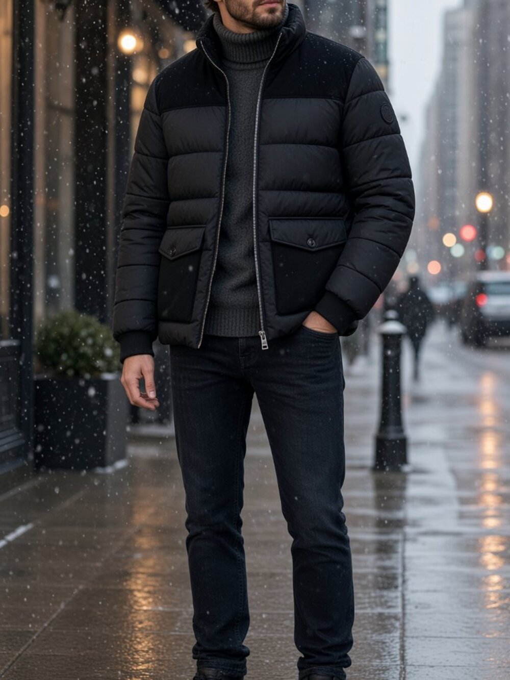 Michael Kors Men Black Mixed-Media Quilted Puffer Eco-Down Full-Zip Jacket US XL